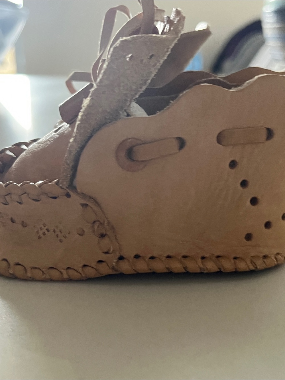 Tan Baby Moccasin Shoes with Braided Trim from Germany